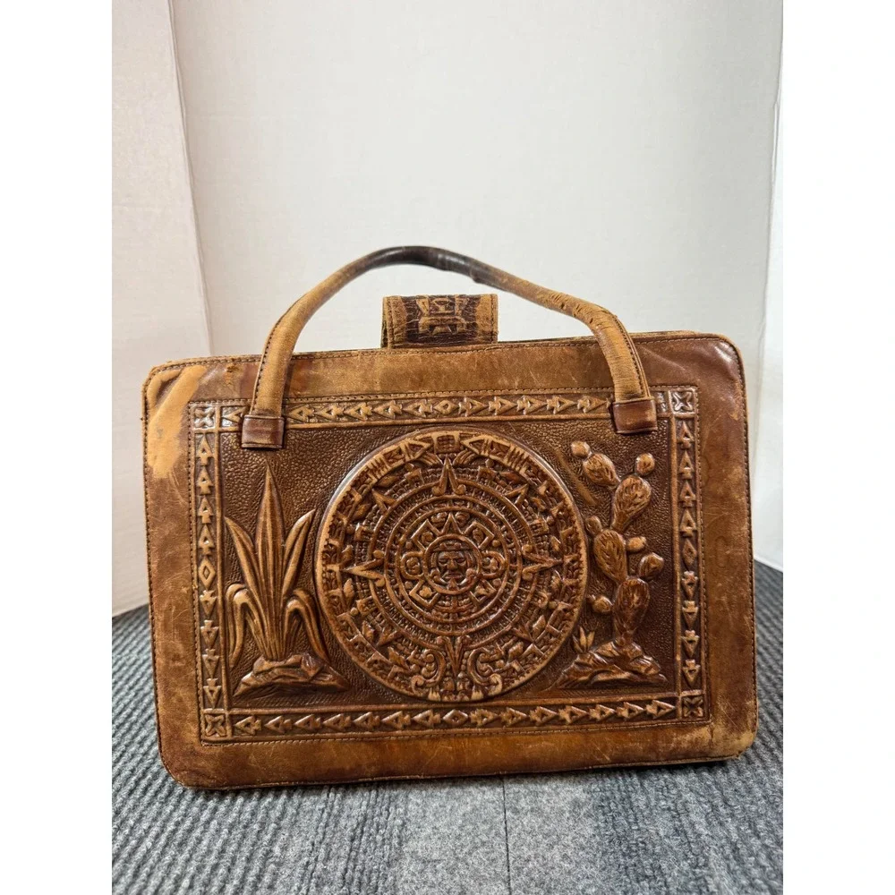 Vintage Mexican Tooled Leather Aztec Calendar Satchel Bag Cowhide Hecho Mexico - Picture 3 of 10